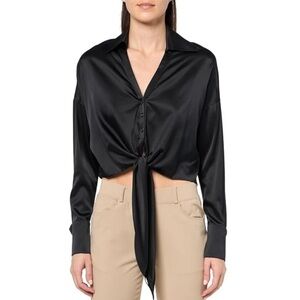 Ramy Brook Farrah Black Silk Collar Tie Front Long Sleeve Blouse Cropped XXS XS